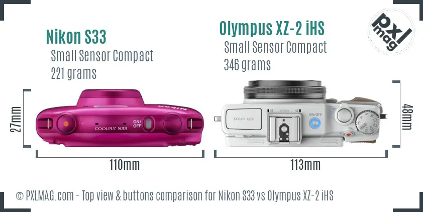 Nikon S33 vs Olympus XZ-2 iHS top view buttons comparison