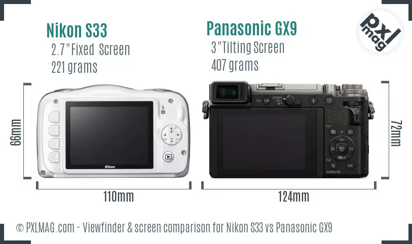 Nikon S33 vs Panasonic GX9 Screen and Viewfinder comparison