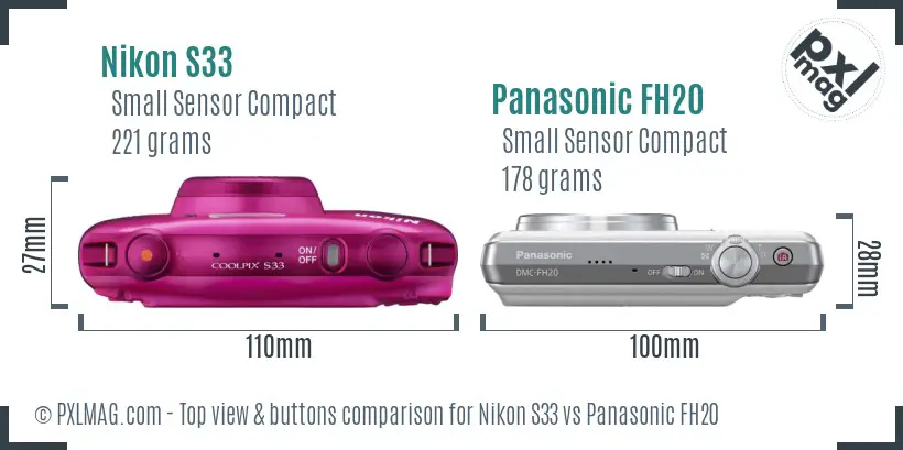 Nikon S33 vs Panasonic FH20 top view buttons comparison Nikon S33 vs Panasonic FH20 top view buttons comparison