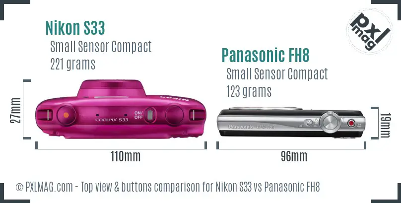 Nikon S33 vs Panasonic FH8 top view buttons comparison Nikon S33 vs Panasonic FH8 top view buttons comparison