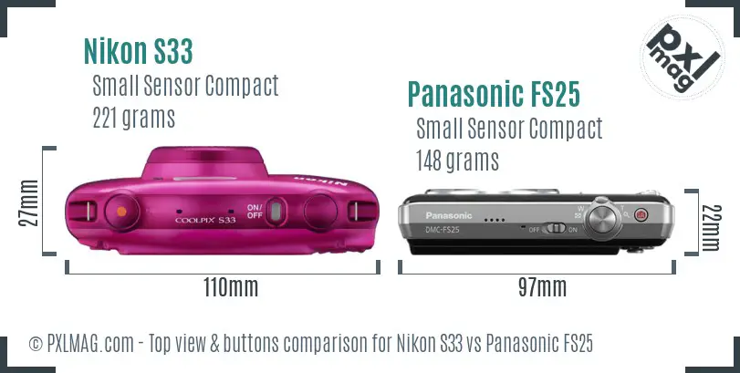 Nikon S33 vs Panasonic FS25 top view buttons comparison Nikon S33 vs Panasonic FS25 top view buttons comparison