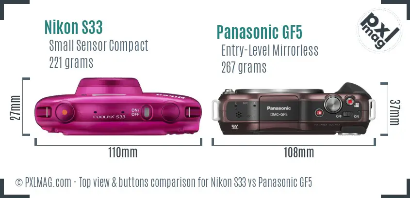 Nikon S33 vs Panasonic GF5 top view buttons comparison