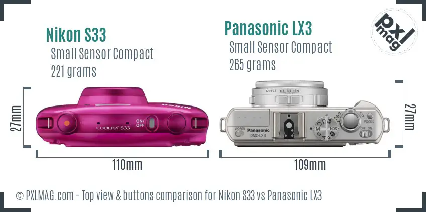 Nikon S33 vs Panasonic LX3 top view buttons comparison