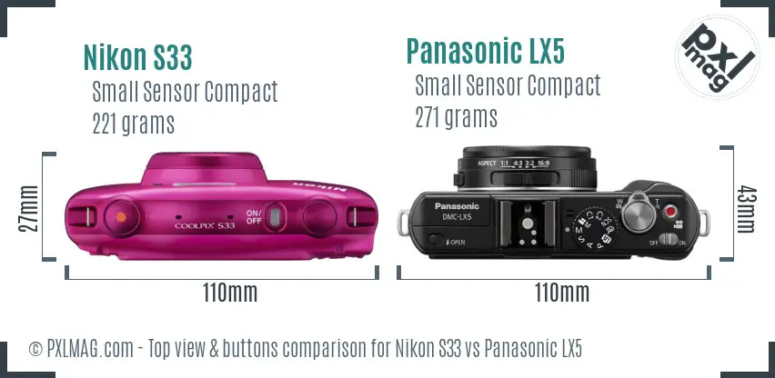 Nikon S33 vs Panasonic LX5 top view buttons comparison