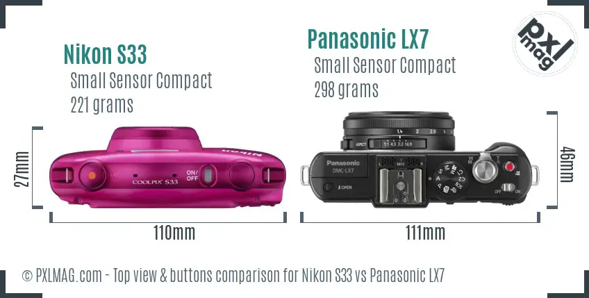 Nikon S33 vs Panasonic LX7 top view buttons comparison Nikon S33 vs Panasonic LX7 top view buttons comparison
