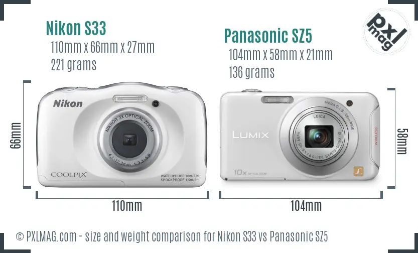 Nikon S33 vs Panasonic SZ5 size comparison