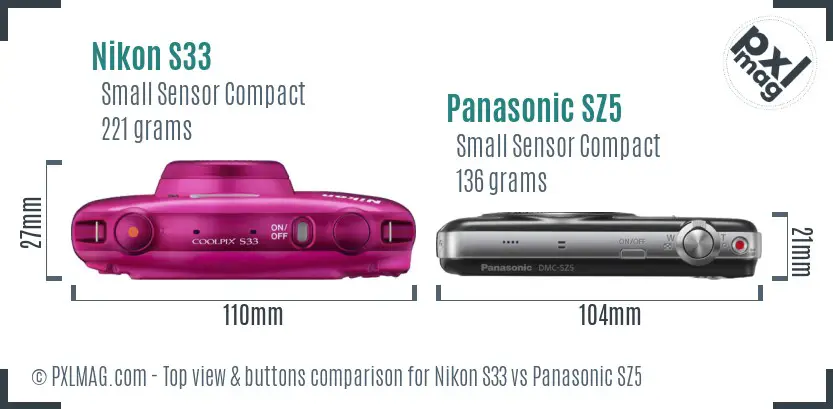 Nikon S33 vs Panasonic SZ5 top view buttons comparison