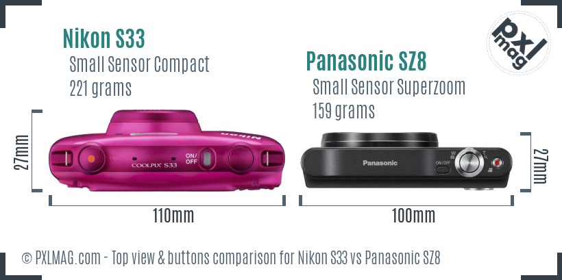 Nikon S33 vs Panasonic SZ8 top view buttons comparison