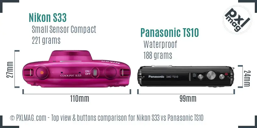 Nikon S33 vs Panasonic TS10 top view buttons comparison Nikon S33 vs Panasonic TS10 top view buttons comparison