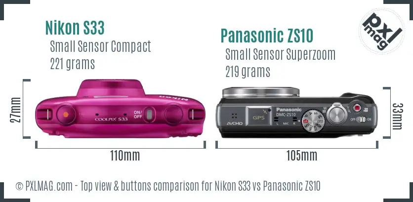 Nikon S33 vs Panasonic ZS10 top view buttons comparison