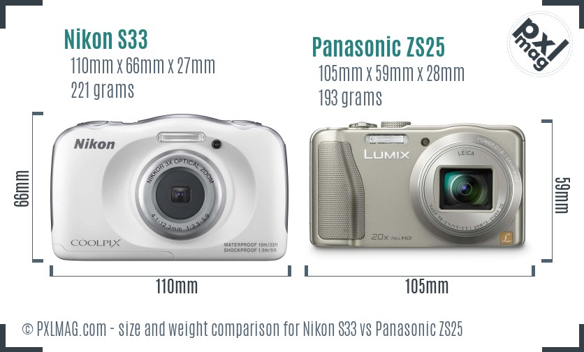Nikon S33 vs Panasonic ZS25 size comparison