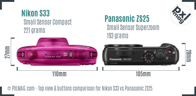 Nikon S33 vs Panasonic ZS25 top view buttons comparison