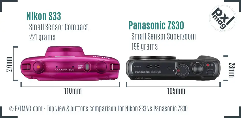 Nikon S33 vs Panasonic ZS30 top view buttons comparison