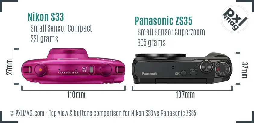 Nikon S33 vs Panasonic ZS35 top view buttons comparison