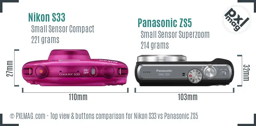 Nikon S33 vs Panasonic ZS5 top view buttons comparison