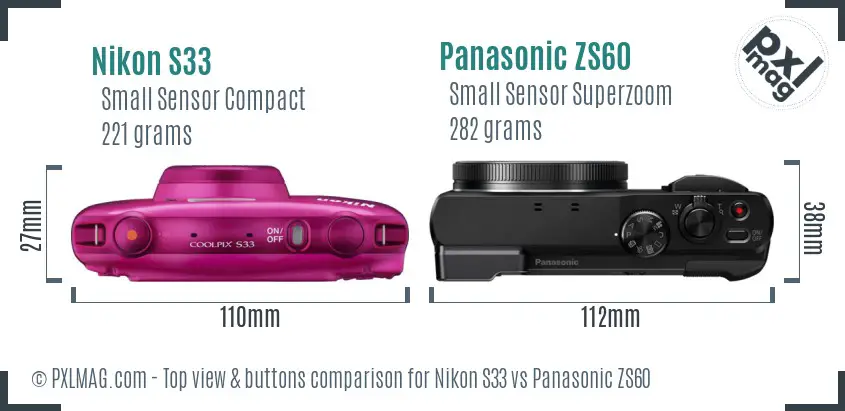 Nikon S33 vs Panasonic ZS60 top view buttons comparison Nikon S33 vs Panasonic ZS60 top view buttons comparison
