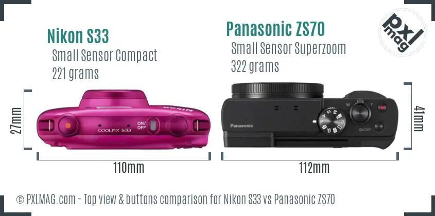 Nikon S33 vs Panasonic ZS70 top view buttons comparison Nikon S33 vs Panasonic ZS70 top view buttons comparison