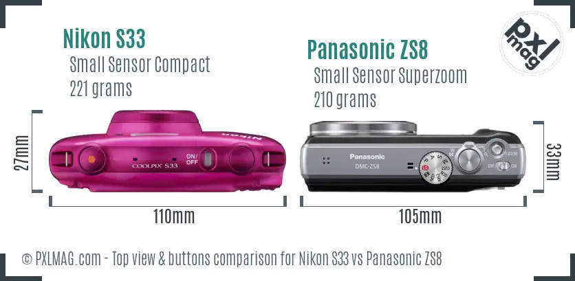 Nikon S33 vs Panasonic ZS8 top view buttons comparison
