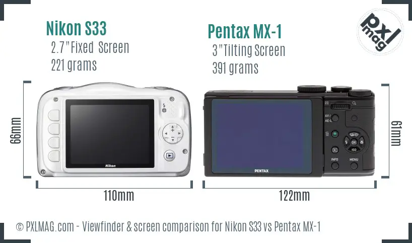 Nikon S33 vs Pentax MX-1 Screen and Viewfinder comparison