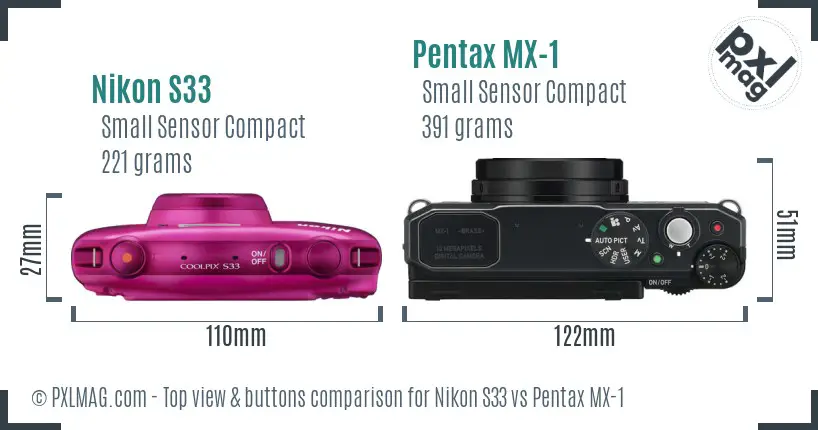 Nikon S33 vs Pentax MX-1 top view buttons comparison