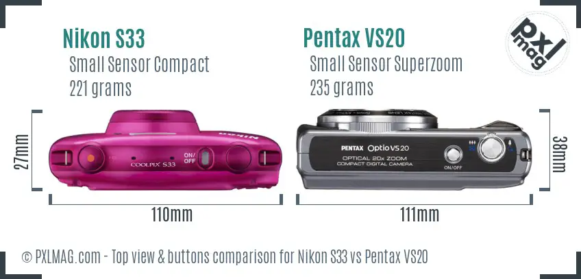 Nikon S33 vs Pentax VS20 top view buttons comparison Nikon S33 vs Pentax VS20 top view buttons comparison