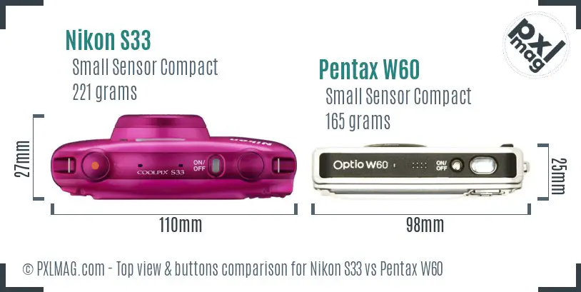 Nikon S33 vs Pentax W60 top view buttons comparison Nikon S33 vs Pentax W60 top view buttons comparison