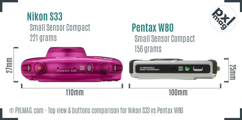 Nikon S33 vs Pentax W80 top view buttons comparison