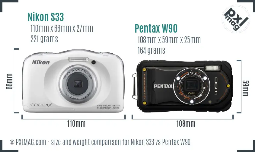 Nikon S33 vs Pentax W90 size comparison