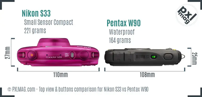 Nikon S33 vs Pentax W90 top view buttons comparison