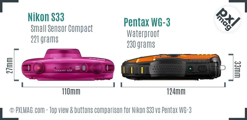 Nikon S33 vs Pentax WG-3 top view buttons comparison Nikon S33 vs Pentax WG-3 top view buttons comparison