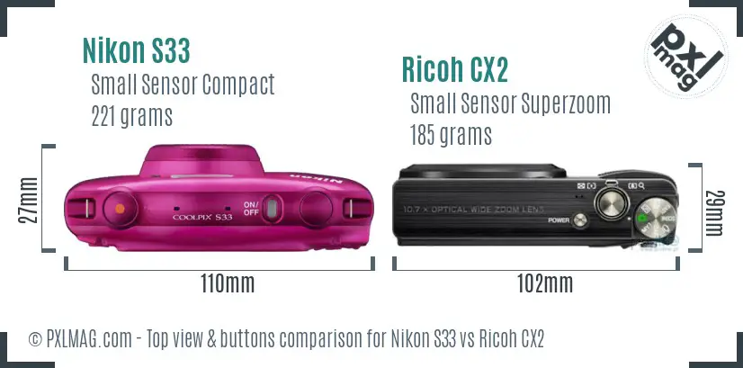 Nikon S33 vs Ricoh CX2 top view buttons comparison Nikon S33 vs Ricoh CX2 top view buttons comparison