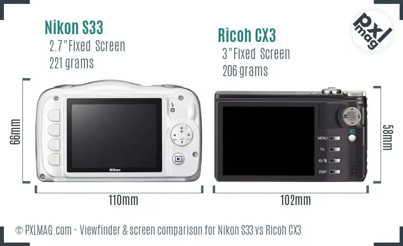 Nikon S33 vs Ricoh CX3 Screen and Viewfinder comparison