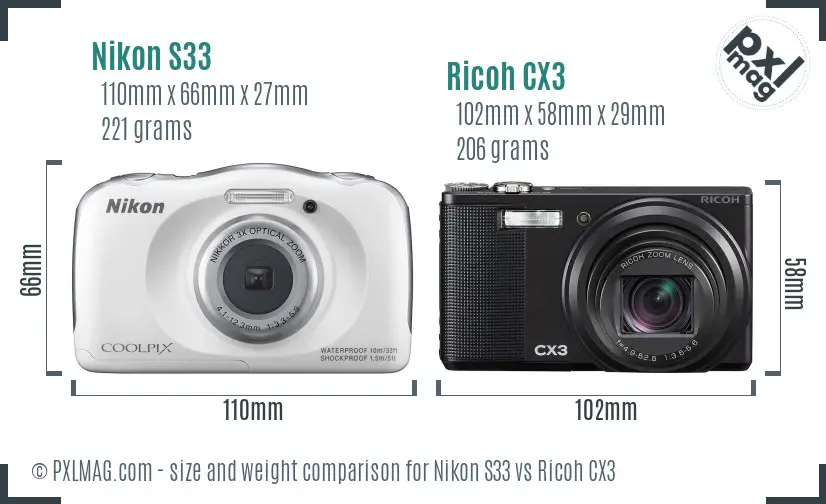Nikon S33 vs Ricoh CX3 size comparison
