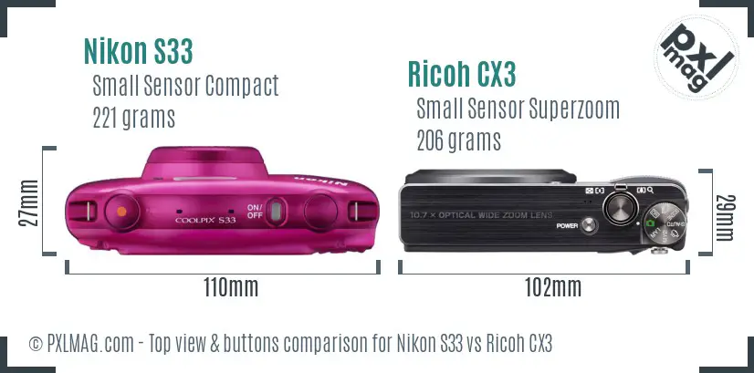 Nikon S33 vs Ricoh CX3 top view buttons comparison