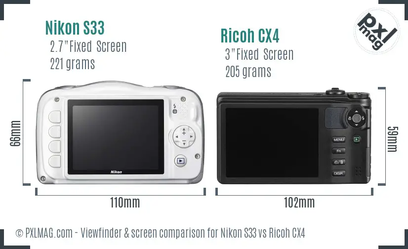 Nikon S33 vs Ricoh CX4 Screen and Viewfinder comparison