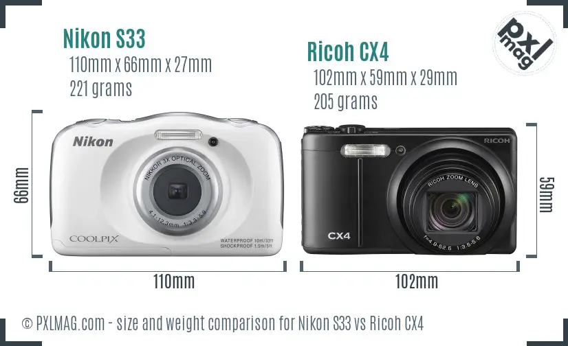 Nikon S33 vs Ricoh CX4 size comparison