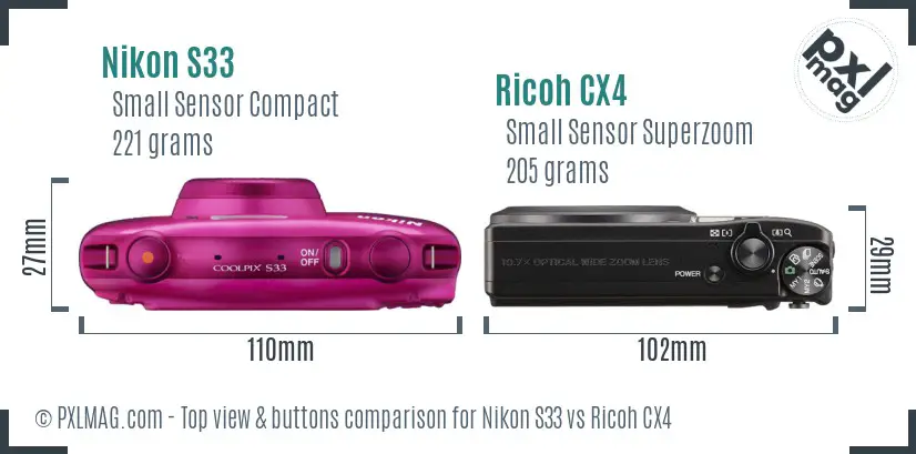 Nikon S33 vs Ricoh CX4 top view buttons comparison