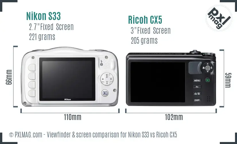 Nikon S33 vs Ricoh CX5 Screen and Viewfinder comparison Nikon S33 vs Ricoh CX5 Screen and Viewfinder comparison