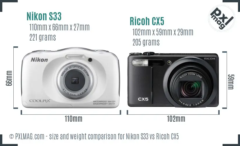 Nikon S33 vs Ricoh CX5 size comparison Nikon S33 vs Ricoh CX5 size comparison