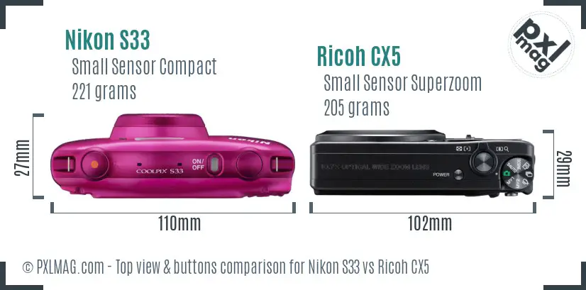 Nikon S33 vs Ricoh CX5 top view buttons comparison Nikon S33 vs Ricoh CX5 top view buttons comparison