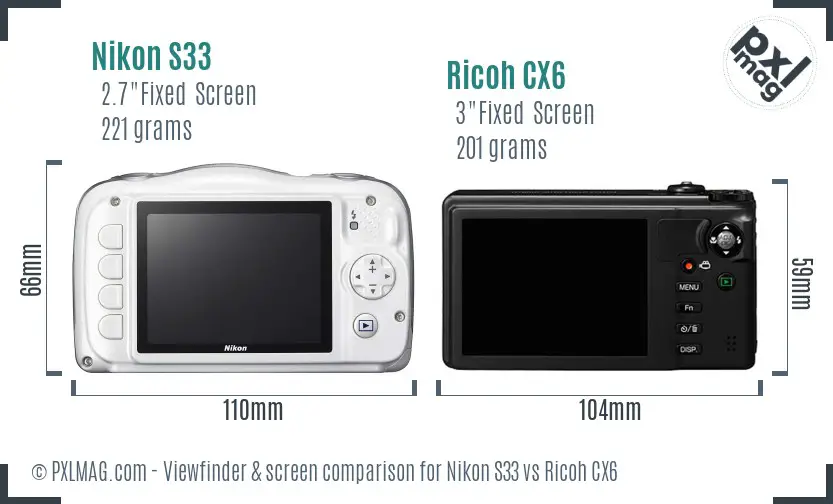 Nikon S33 vs Ricoh CX6 Screen and Viewfinder comparison