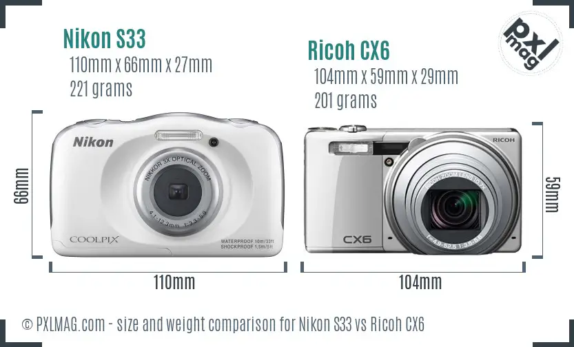 Nikon S33 vs Ricoh CX6 size comparison