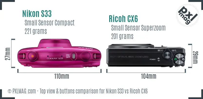 Nikon S33 vs Ricoh CX6 top view buttons comparison
