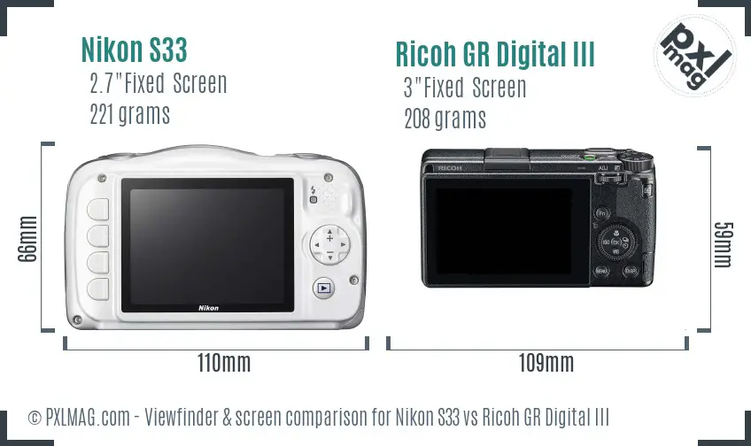 Nikon S33 vs Ricoh GR Digital III Screen and Viewfinder comparison