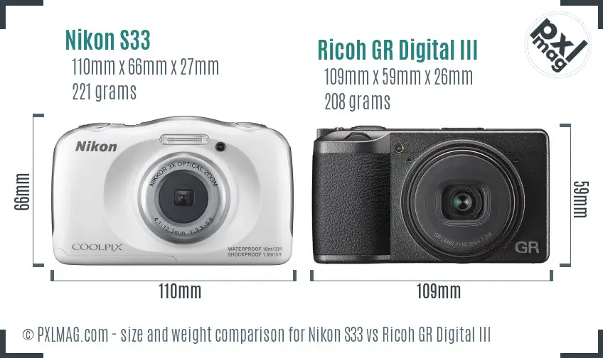 Nikon S33 vs Ricoh GR Digital III size comparison