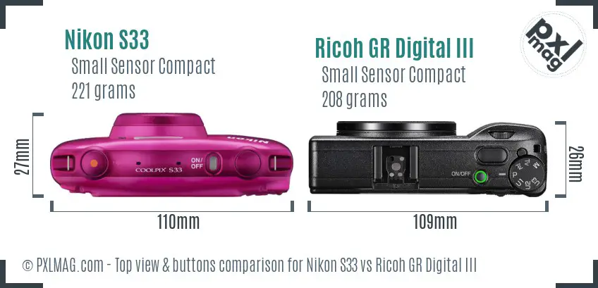 Nikon S33 vs Ricoh GR Digital III top view buttons comparison