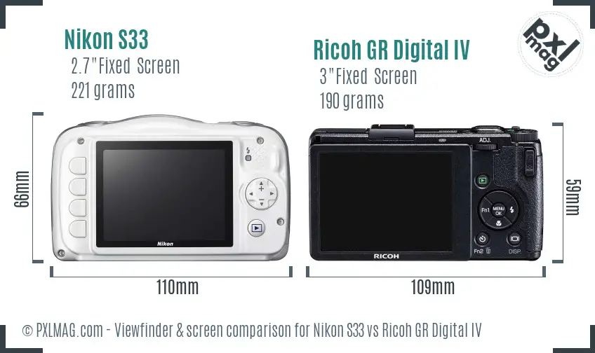 Nikon S33 vs Ricoh GR Digital IV Screen and Viewfinder comparison