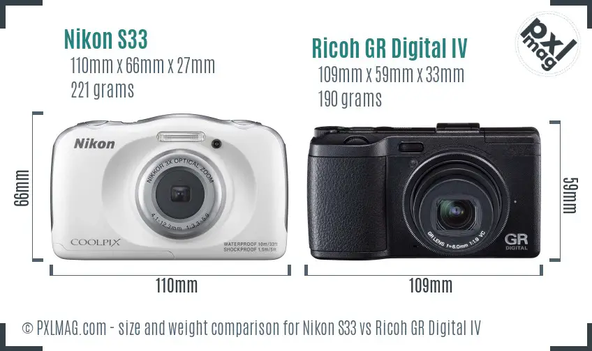 Nikon S33 vs Ricoh GR Digital IV size comparison