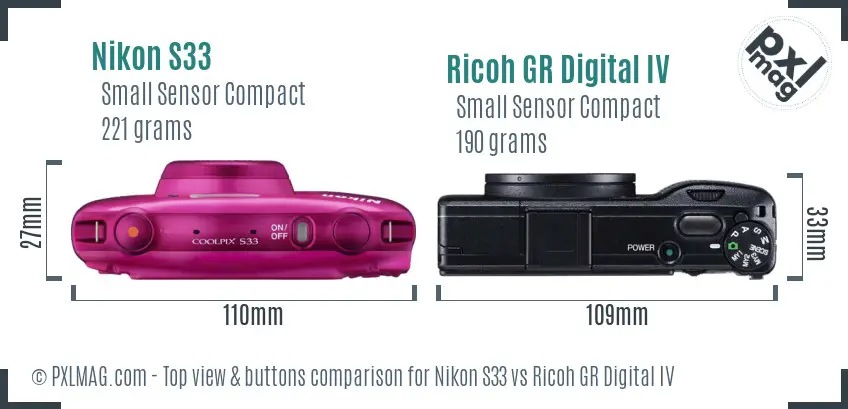 Nikon S33 vs Ricoh GR Digital IV top view buttons comparison