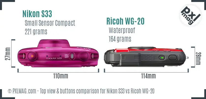 Nikon S33 vs Ricoh WG-20 top view buttons comparison